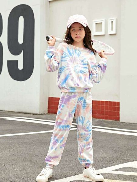 

girls tie dye drop shoulder sweatshirt & sweatpants she, White