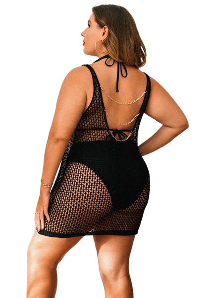 

plus open knit chain detail cover up without bikini o2rw#, Black