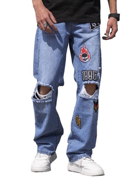 

men skull and number patched ripped straight leg jeans f4qv#, Blue