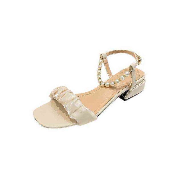 

sandals luxury beaded chain high heels beach square toe chunky heeled wo, Black