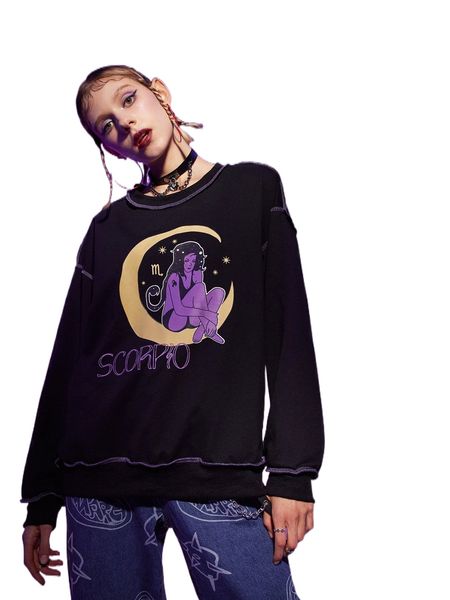 

romwe scorpion stitching trim letter figure graphic sweatshirt q4qh#, Black