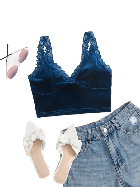 

lace trim crop velvet cami 73fd#, White