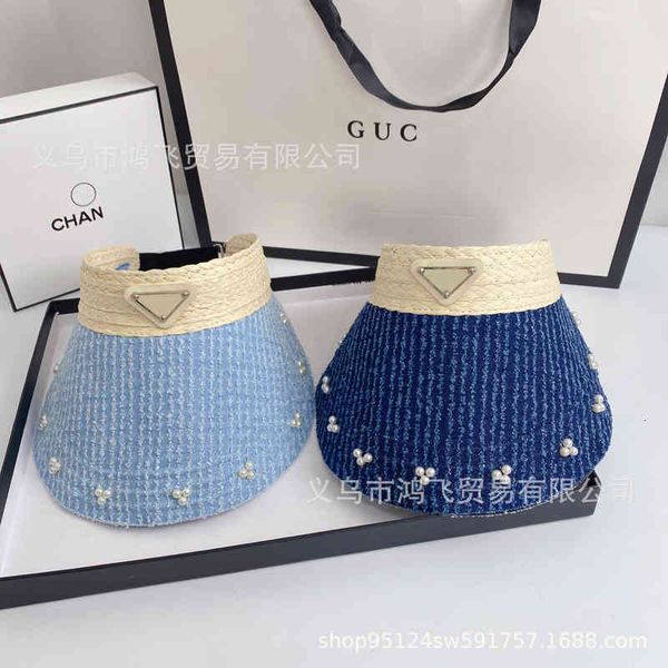 

ball caps and correct version of p family inverted triangle pearl decorative denim big brim sun shading sunscreen empty hat oyiz, Blue;gray