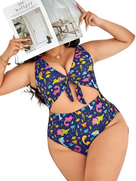 

plus dinosaur print cut-out one piece swimsuit z53f#, White;black