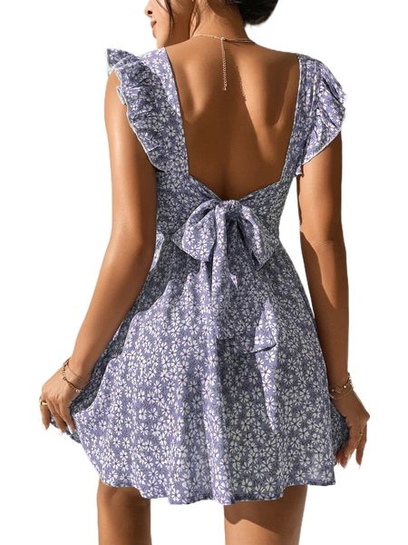 

petite ditsy floral print ruffle trim tie back dress p7rh#, Black;gray