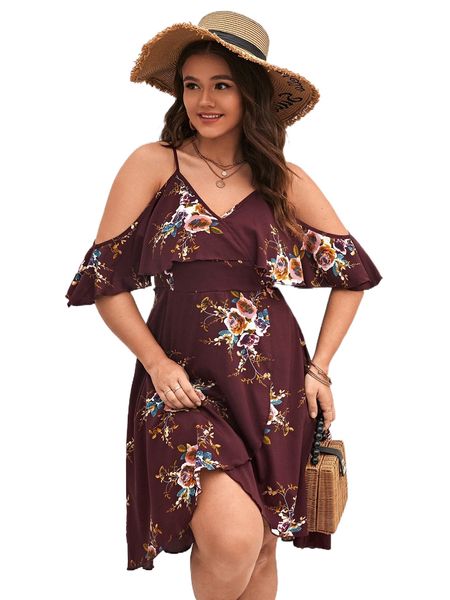 

plus floral print cold shoulder wrap hem dress 70ac#, Black