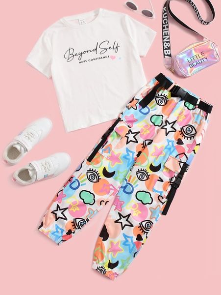 

girls slogan graphic tee and geo print belted cargo pants she, White