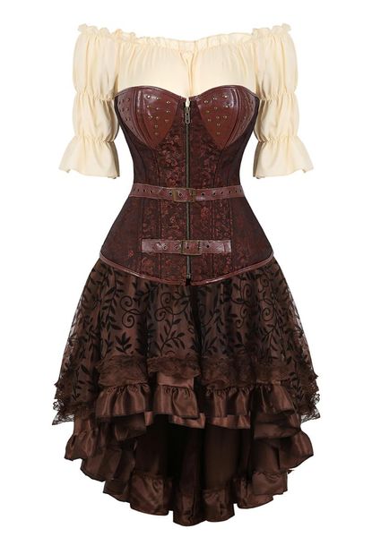 Bustiers Corsetti a tre pezzi a steampunk bloccaggio cupolo gotico cingoli in pelle set di gonne in pelle set di gonne con cerniera costumi sexy medievali