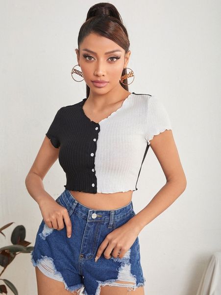 

petite lettuce trim button front t-shirt q1a1#, White