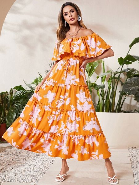

tropical print off shoulder knot front frill trim dress u0j6#, Black;gray