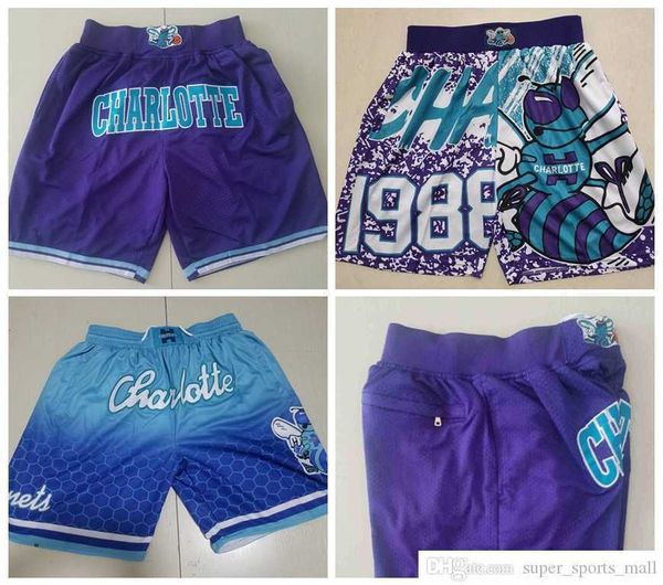 

charlotte''hornets''men basketball shorts just don stitched mitchell and ness with pocket zipper sweatpants mesh retro s, Black