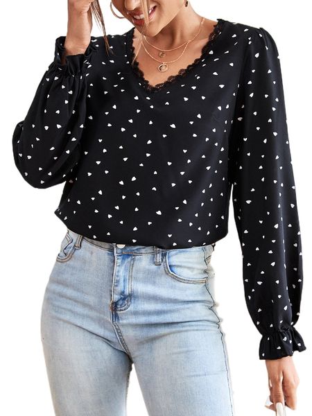 

heart print lace trim flounce sleeve blouse q1d8#, White