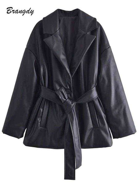 

women black pu parkas with belt autumn winter female parkas jacket coat oversized padded parkas coat female outerwear chic l220714, Black;brown