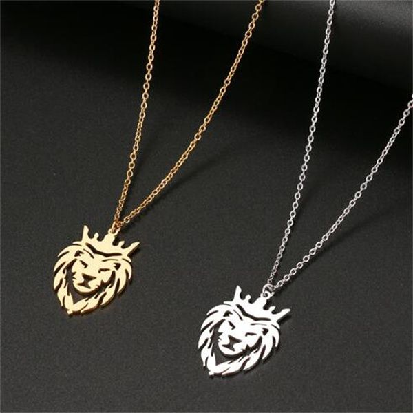

stainless steel necklaces crown lion king animal pendant men's chain choker fashion necklace for women jewelry party men gifts gc1482, Golden;silver