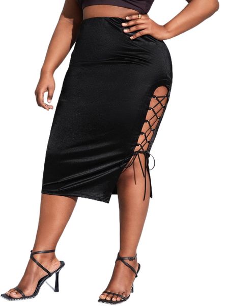 

sxy plus lace up cut out pencil skirt d3ah#, Black