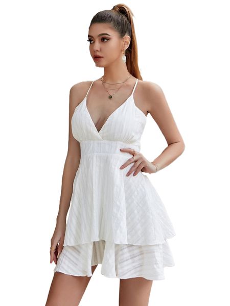 

double crazy crisscross backless layered hem dress e9d7#, Black;gray