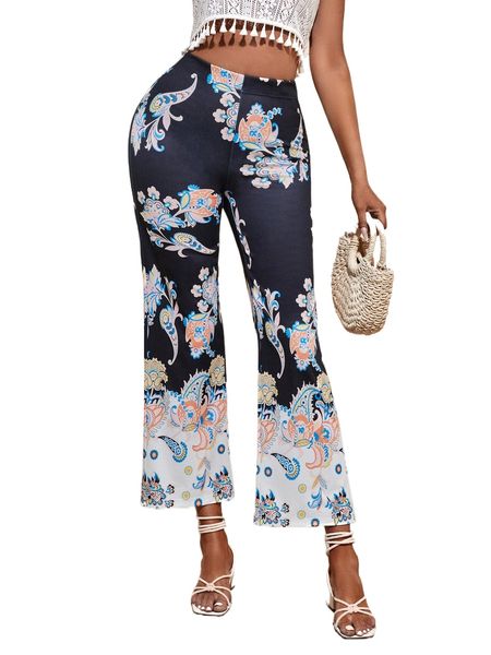 

high waist floral & paisley print flare leg pants t4k8#, Black;white