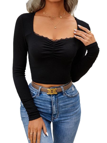 

ruched sweetheart neck lace trim crop tee 891b#, White