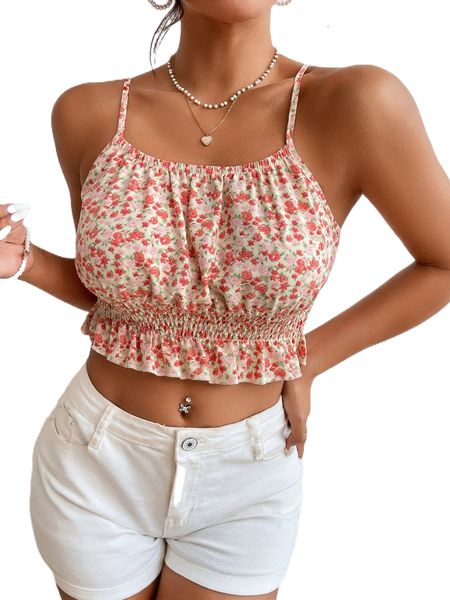 

ditsy floral shirred frill trim cami n6tk#, White