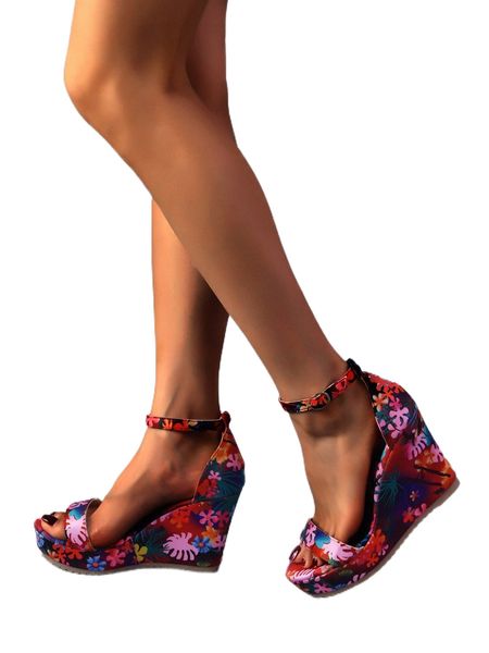 

satin floral pattern ankle strap wedge sandals t896#, Black;white