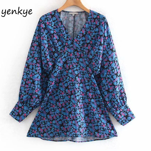 

women roomy long sleeve floral print dress elegant lady v neck high waist aline mini summer dress xnwm9219 210303, Black;gray