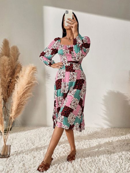 

stripe & floral patchwork print dress e5cl#, Black;gray
