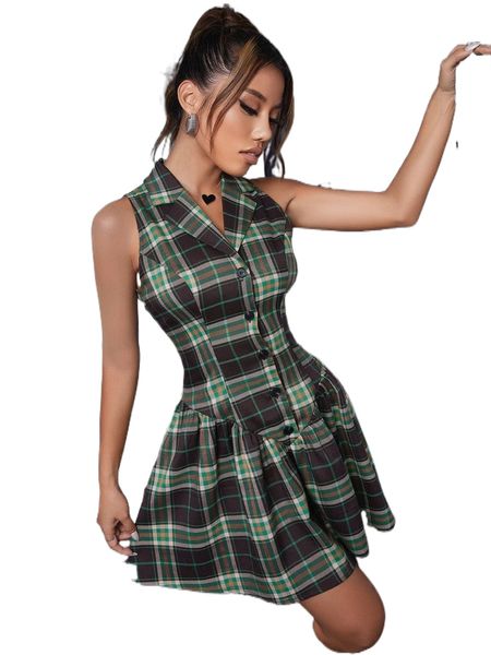 

plaid button front dress g55x#, Black;gray