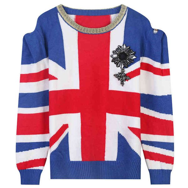 

women's sweaters -shaped sweater women's autumn and winter wear round neck stripe badge british style loose knit pullover fashion, White;black