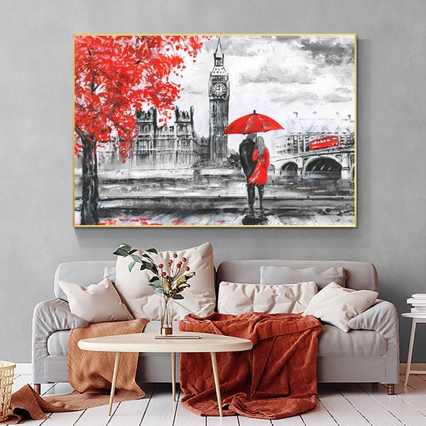 Roter Regenschirm Poster und Drucke Leinwand Malerei Liebhaber Mädchen mit rotem Kleid Bilder Wandkunst für Wohnzimmer Home Decor