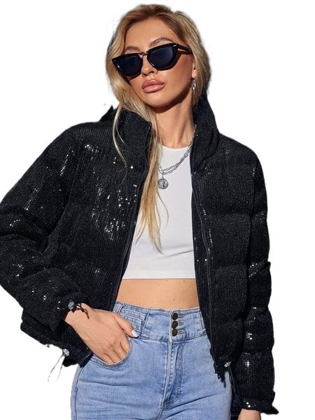 

drawstring hem zipper sequins puffer coat x3ja#, Black