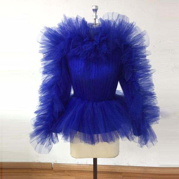 Camicette da donna Camicie Immagine reale Blu royal Tulle Camicetta da donna con volant Maglia a maniche lunghe Moda 2022Donna