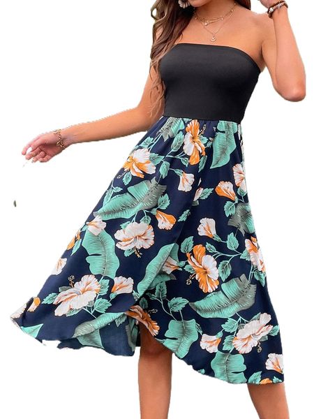 

floral & tropical high waist tube dress i02d#, Black;gray