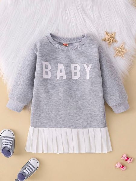 

baby letter graphic contrast pleated hem thermal sweatshirt dress she, Black