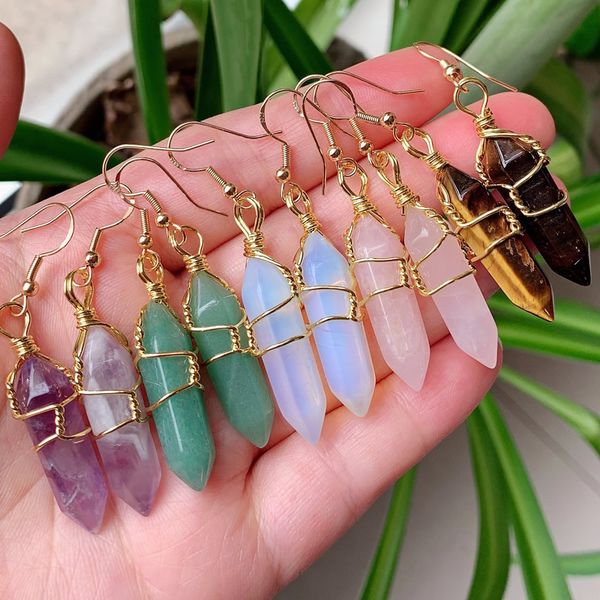 

natural stone dangles earrings wire wrap hexagonal point bullet drop pendulum amethysts quartz purple healing crystal earring, Silver