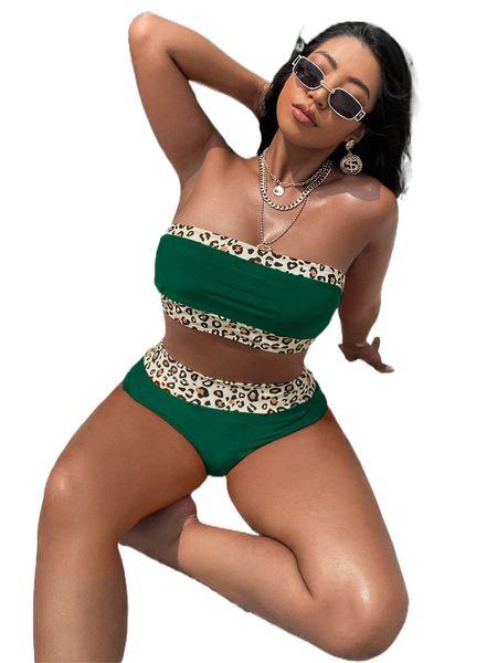 

plus leopard trim bandeau bikini swimsuit k6ur#, White;black