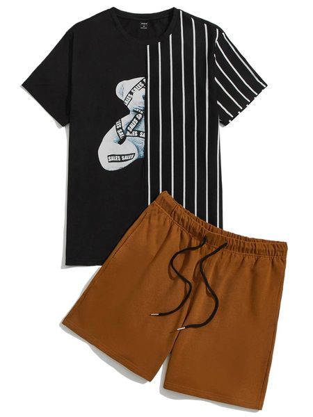 

men striped & bear print tee & drawstring waist shorts v5s0#, Gray