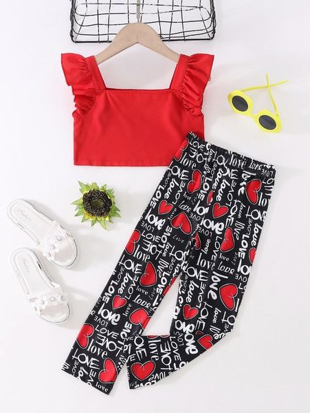 

toddler girls ruffle trim & letter and heart print pants she, White