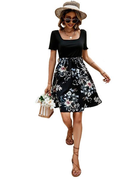 

floral print square neck belted dress e0gh#, Black;gray