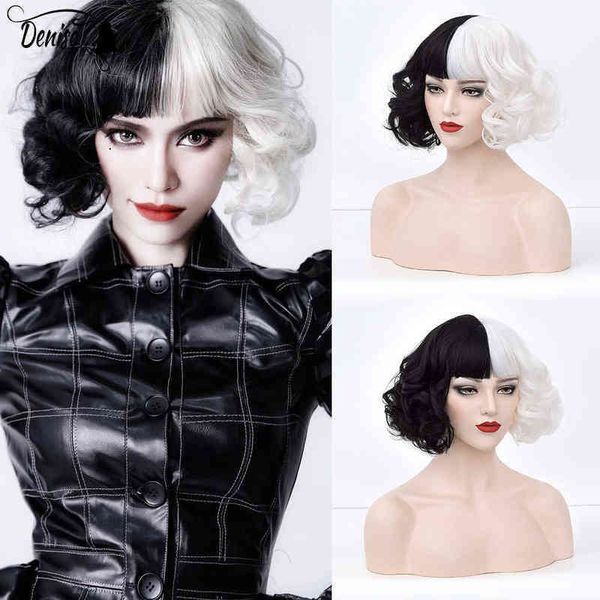 CRUELLA De Vil Parrucca Cosplay Mezza Bianco Nero Parrucche sintetiche corte ondulate con frangia per le donne Capelli naturali resistenti al calore220505