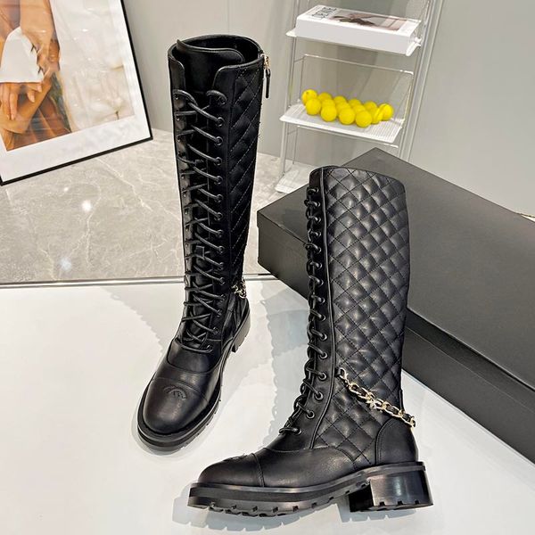 

classic black 2022ss womens chunky heel knight knee boots cowhide with zipper metal chain designer ankle boot classic round toes rainboots s