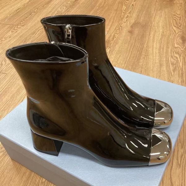 

new black patent leather boots metal square head side zipper fashion boots low heel martin booties ankle luxury designers brand shoe factory