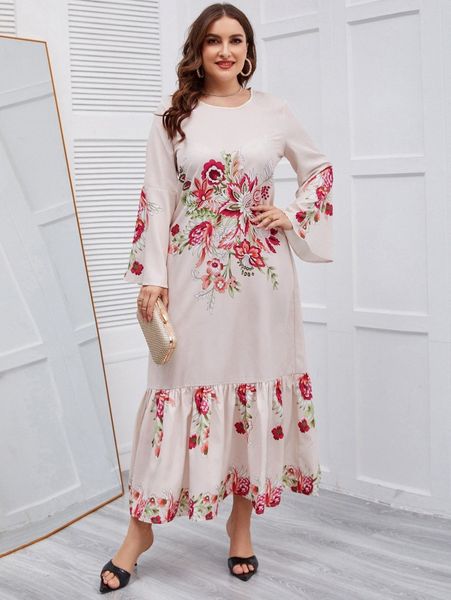 

plus floral print trumpet sleeve ruffle hem smock dress k1rv#, Black