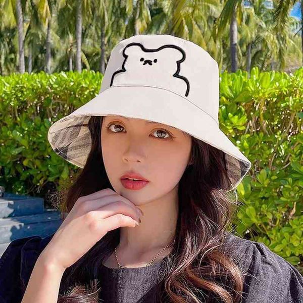 

stingy brim hats new summer bear bucket hat fashion foldable girls cloth hat double sided wear sun protection cap beach cap travel cap femal, Blue;gray