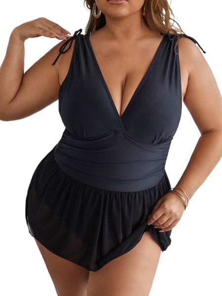 

plus drawstring shoulder ruffle trim one piece swimsuit 63id#, White;black