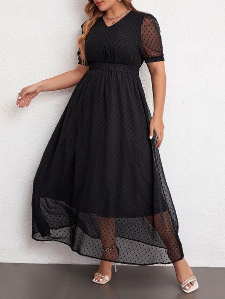 

plus swiss dot v neck dress v8is#, Black