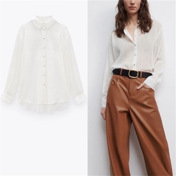 

transparent striped shirt women vintage long sleeve metallic thread irregular shirts woman chic loose office lady 210524, White