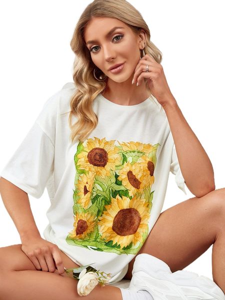 

x megan murrell illustration sunflower print drop shoulder tee r1co#, White