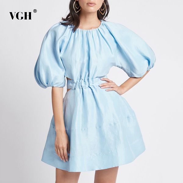 

blue casual hollow out dress for women o neck puff short sleeve high waist lace up mini dresses female summer clothing 210507, Black;gray