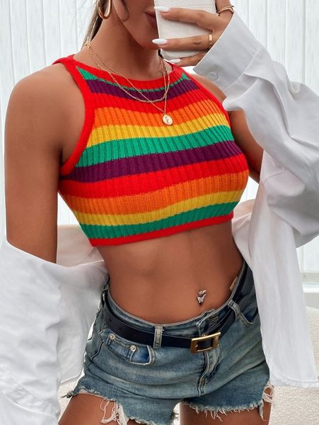 

colorful striped pattern crop knit 61nr#, White;black