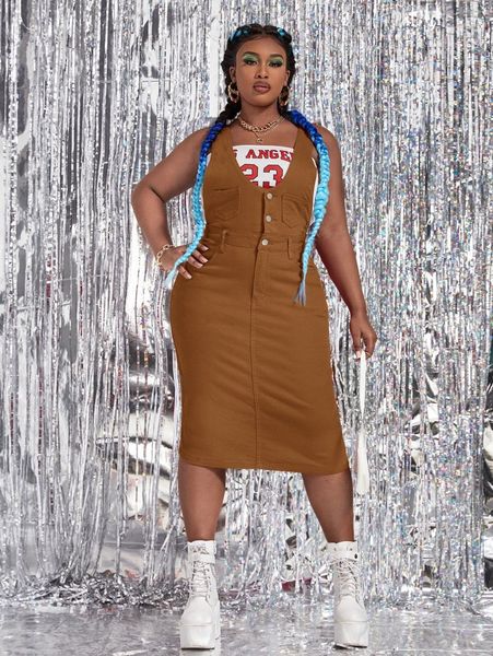 

plus patched pocket overall denim dress v7b9#, Black